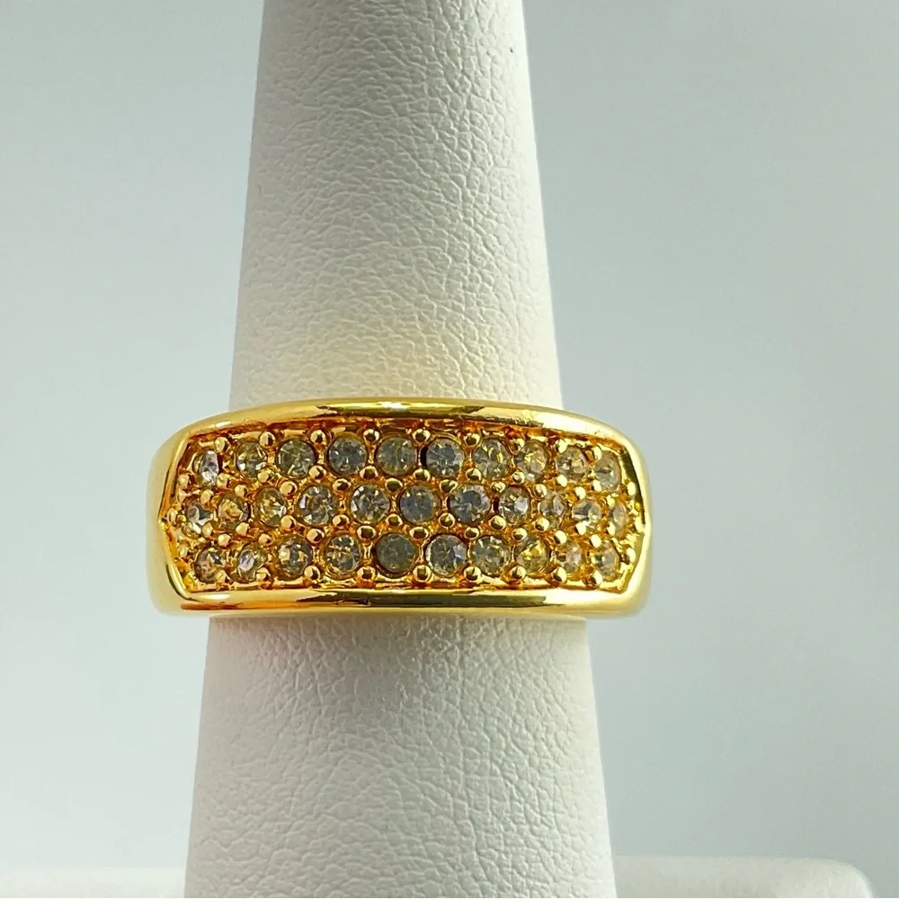 Elegant Gold Simulated Diamond Ring, 3 Rows of Dainty Sparkling Crystals